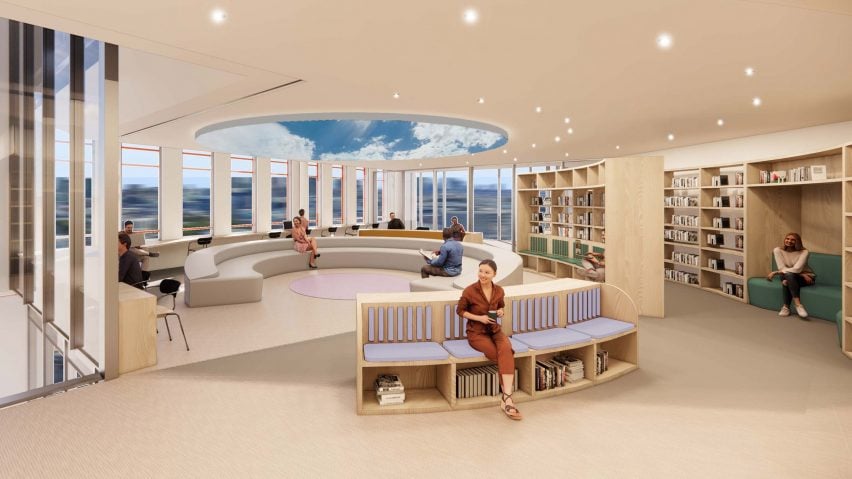 Rendering of a neutral-coloured quiet office space with circular arrangement of sofas, desks, bookshelves and nooks, and an overhead skylight-like installation