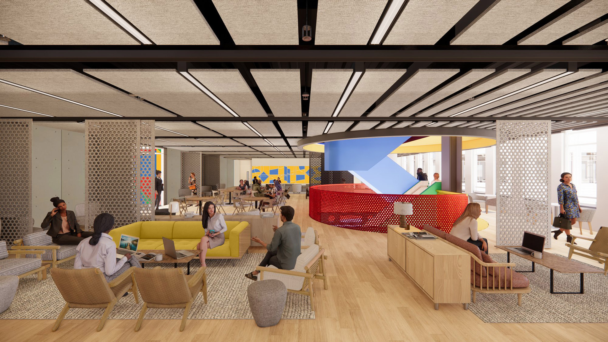 Rendering of a floor landing at Google's Central Saint Giles offices, showing a red feature staircase and buzzing lounge area