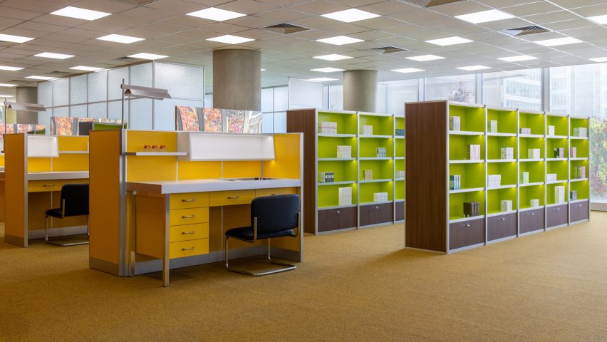 Yellow and green furniture in an office