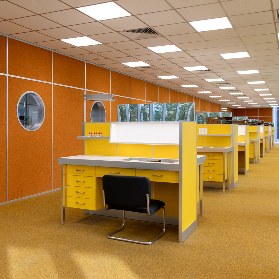 A yellow and orange office interior