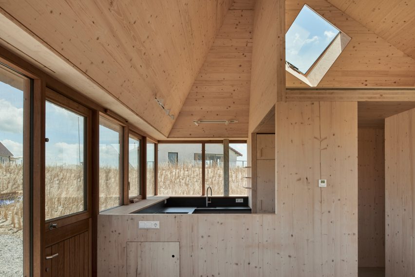 Plywood-lined kitchen
