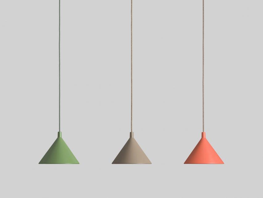 Row of three conical pendant lamps in green, grey and orange