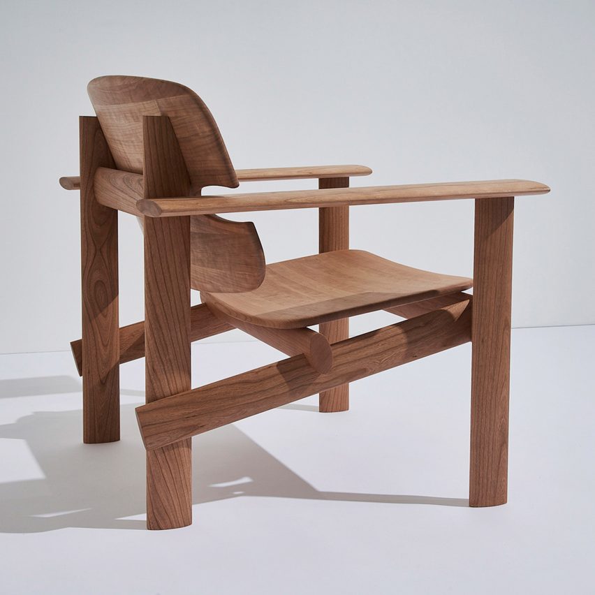 Wooden Concur armchair by Mac Collins, as seen from behind