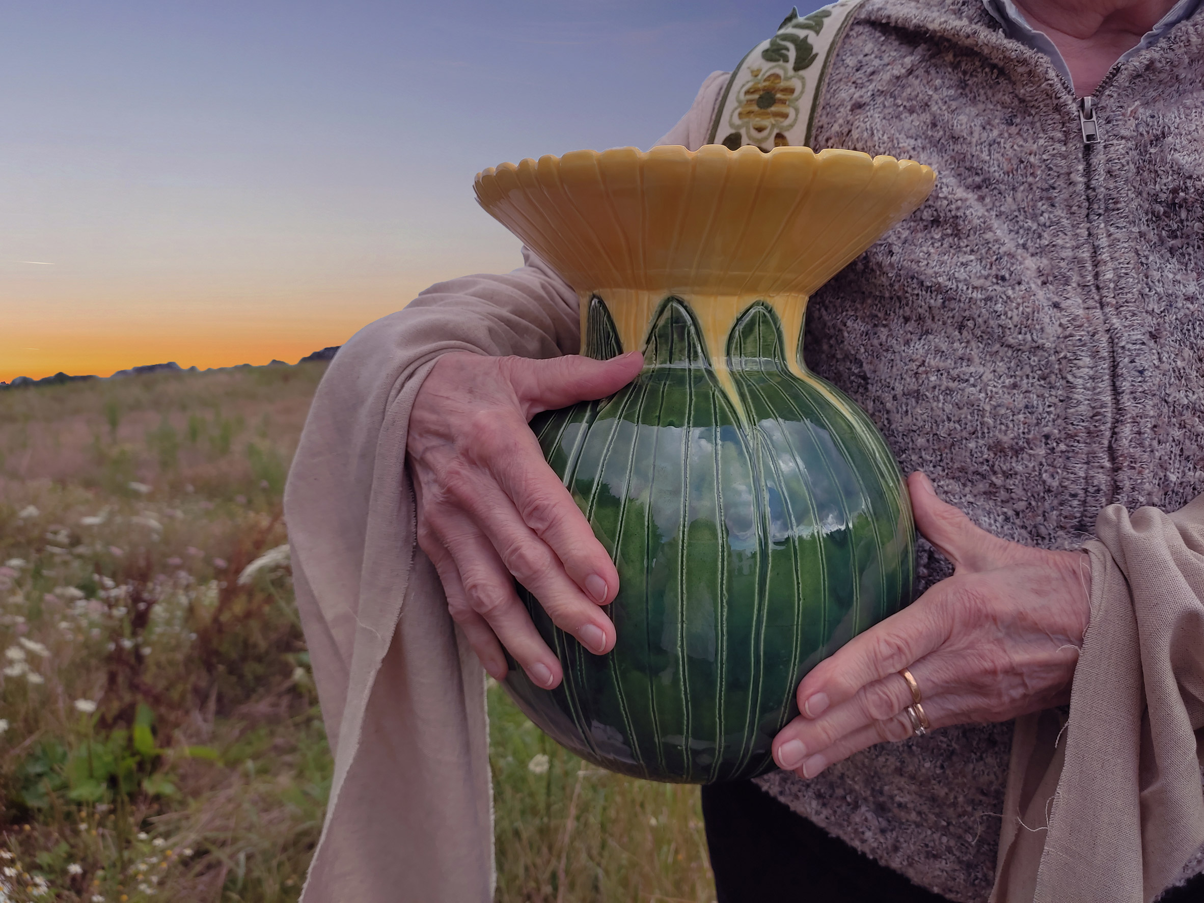 Pauline Rip, ceramic vase used for collecting morning dew for elves