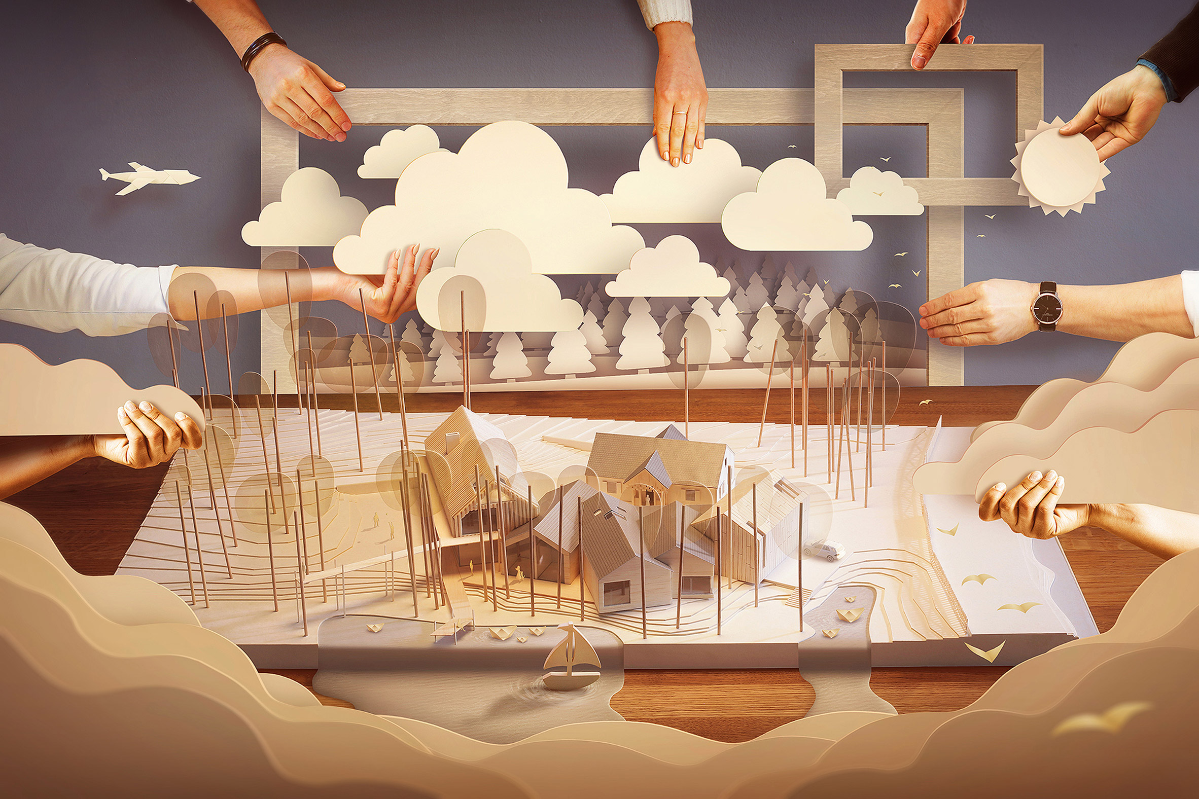 Hands hold paper clouds over a cardboard diorama of a house in a still from the movie ArchiPaper