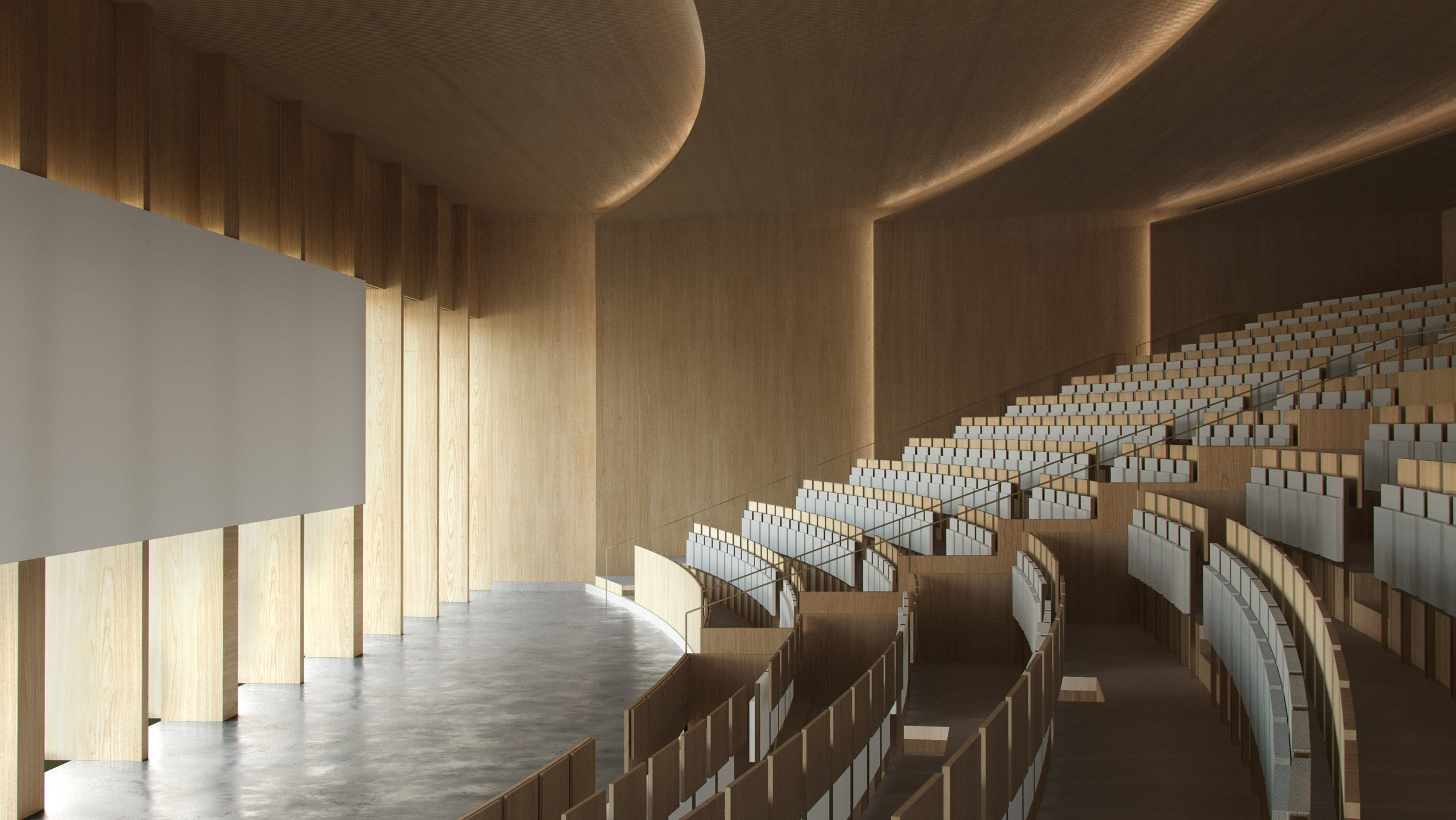 Timber lecture hall at Tilburg University with rows of curved seating looking down onto a screen lowered in front of floor-to-ceiling windows 