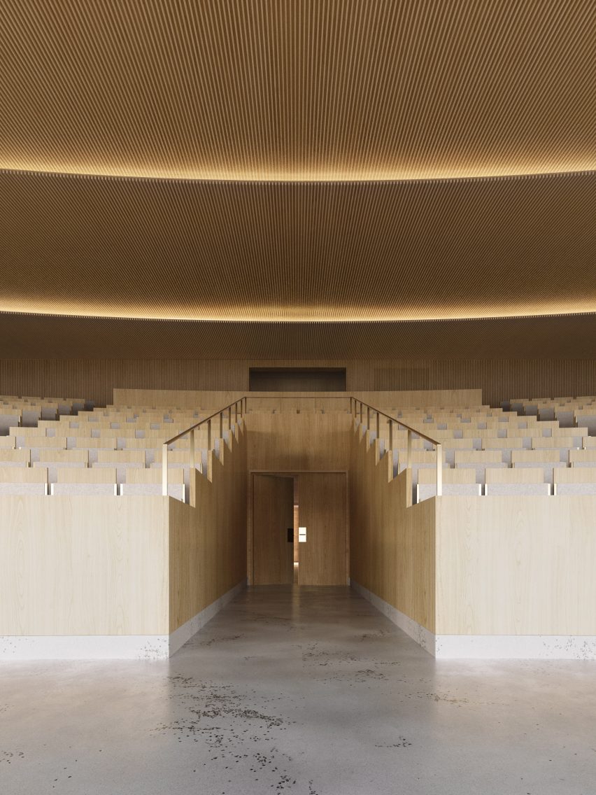 Timber lecture hall with bank of curved wooden seating