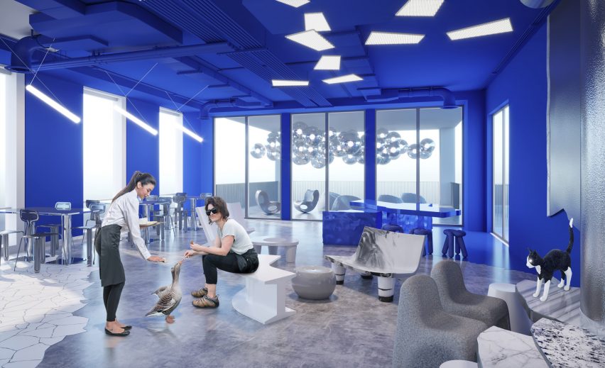 Rendering of an office cafeteria social space with bright blue walls