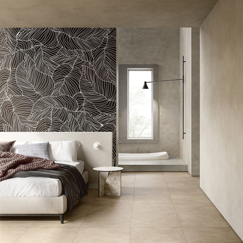 Bedroom tiled in Roc Beige tiles from Roc Ancien collection by Fiandre Architectural Surfaces