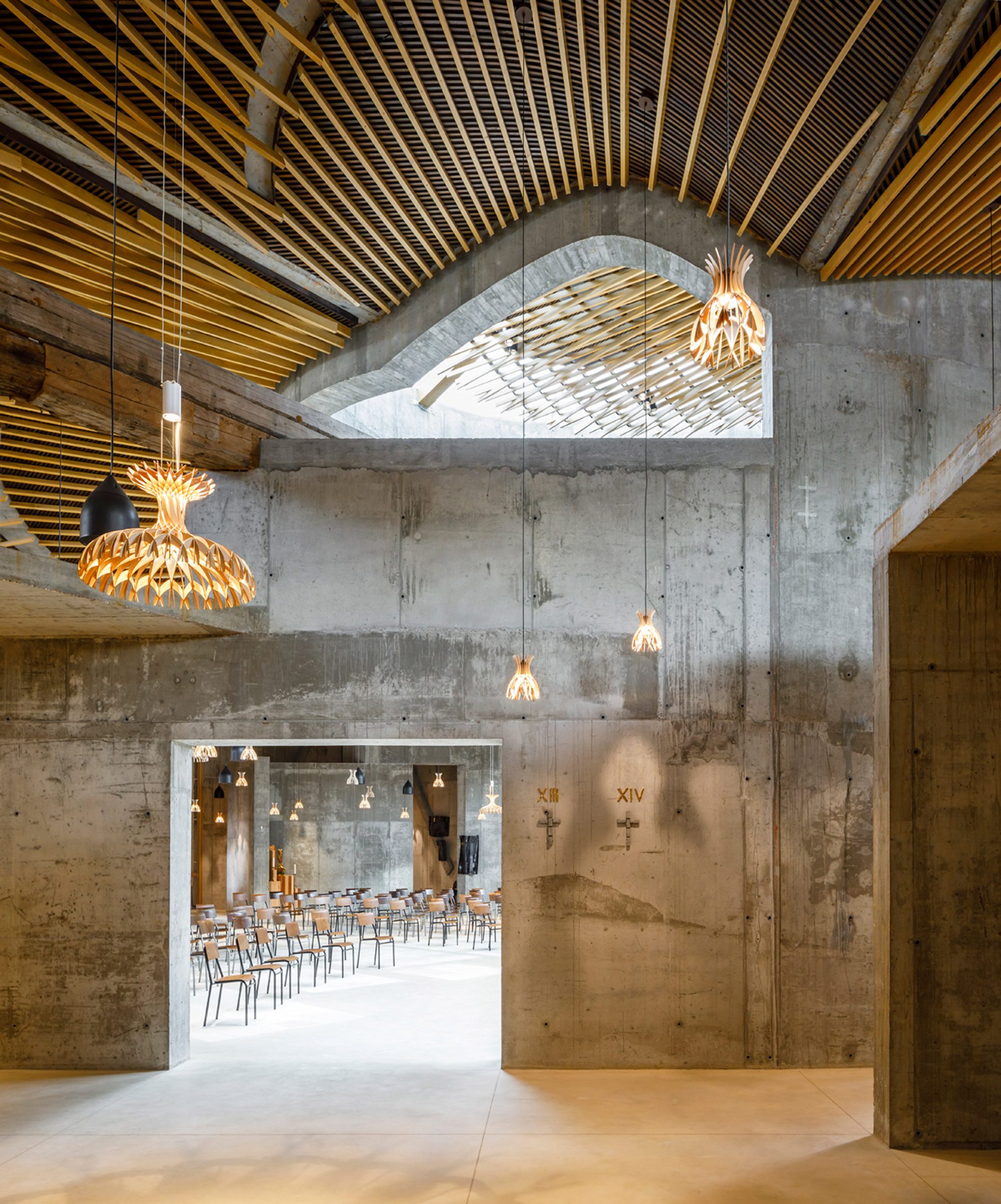 Concrete walls and wooden ceiling in Italian church