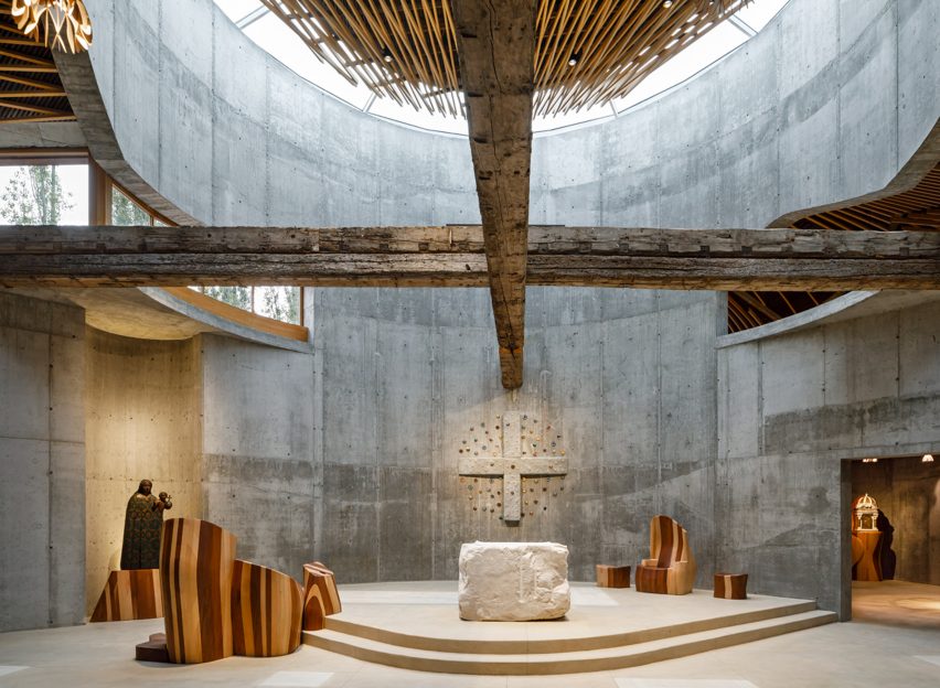 Interior and altar of church by EMBT