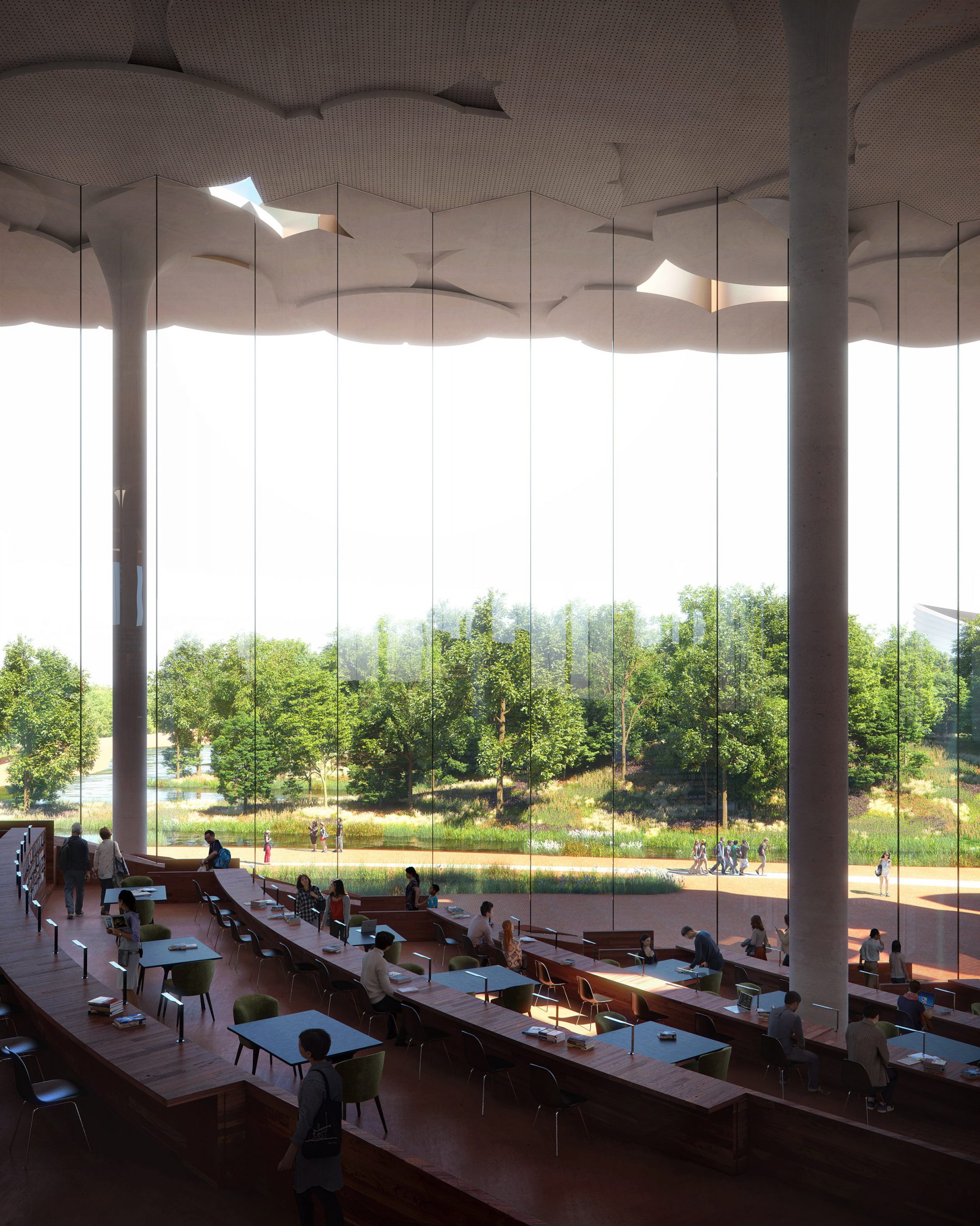 Workstations in library with large glass walls