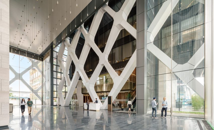Diagrid wraps around the lobby of SOM's bank building