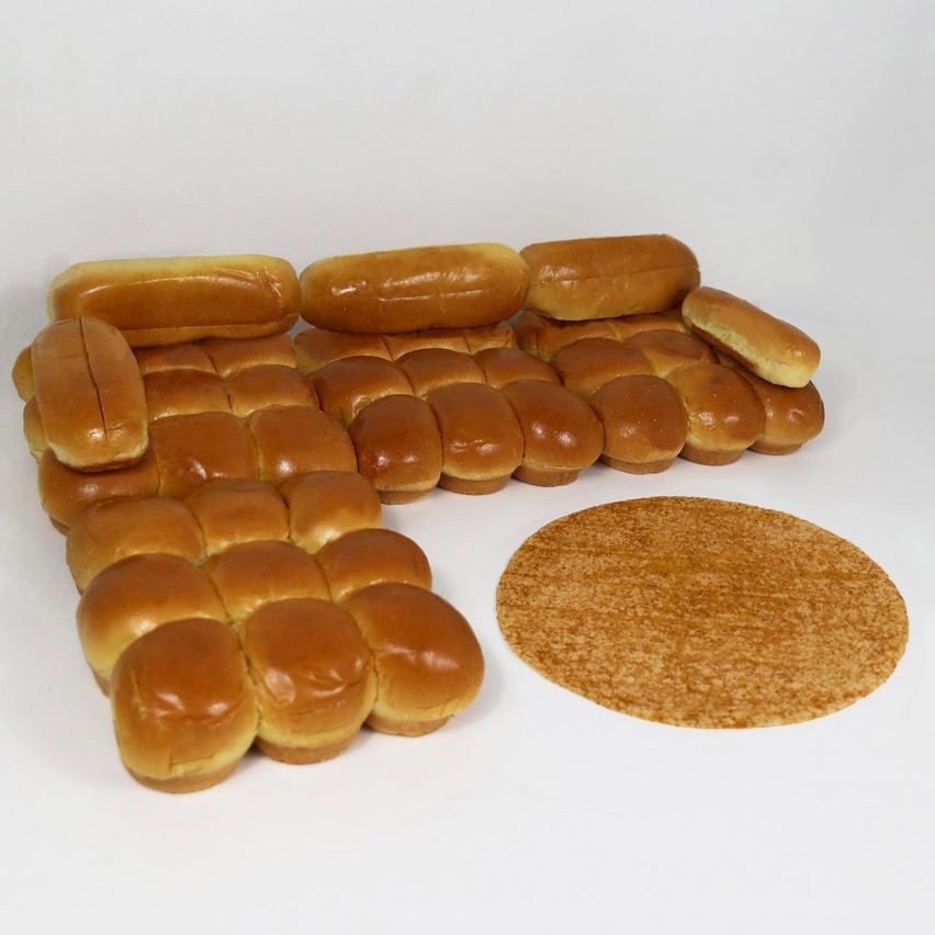 Camaleonda sofa made from bread rolls in front of circular brown rug