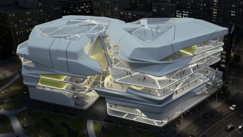 A rendering of a large white building designed by the Unit XV course tutors at Softbiome