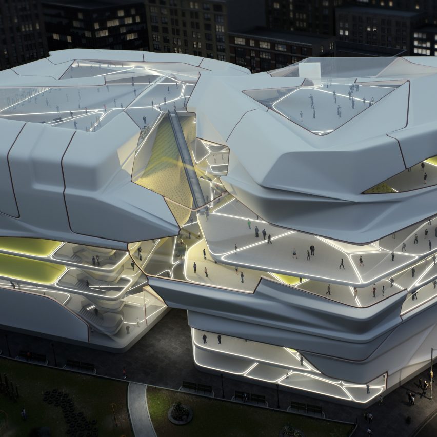 A render of a large white building designed by tutors at the Unit XV course at Softbiome