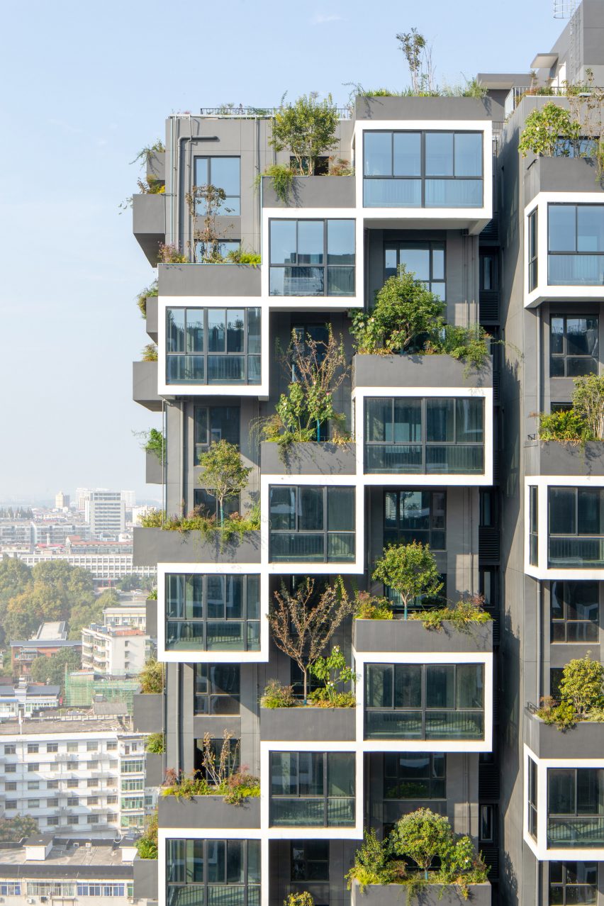 Close-up of balconies on vertical forest building