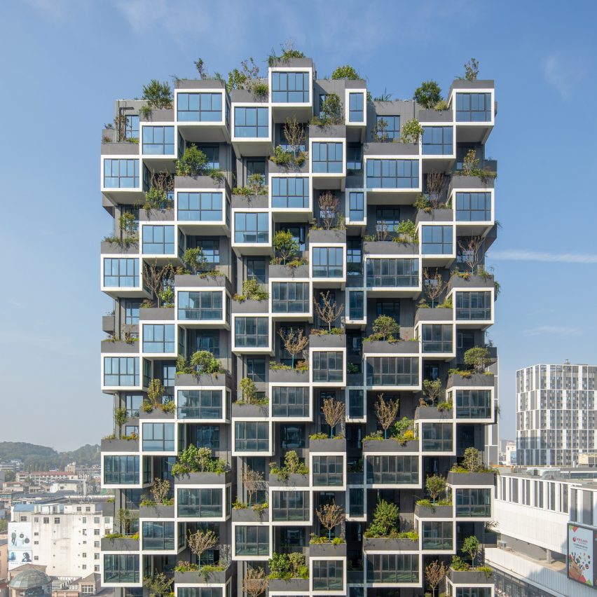 Vertical forest building clad in trees