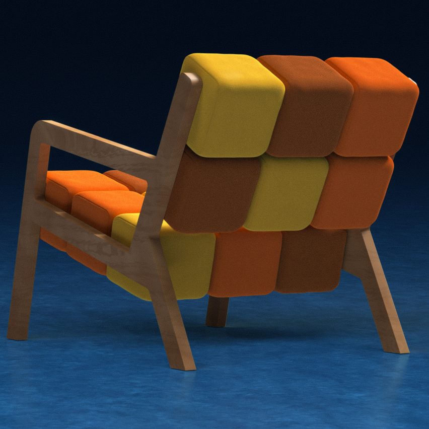 Sugar is a lounge chair made up of orange, brown and yellow padded cubes