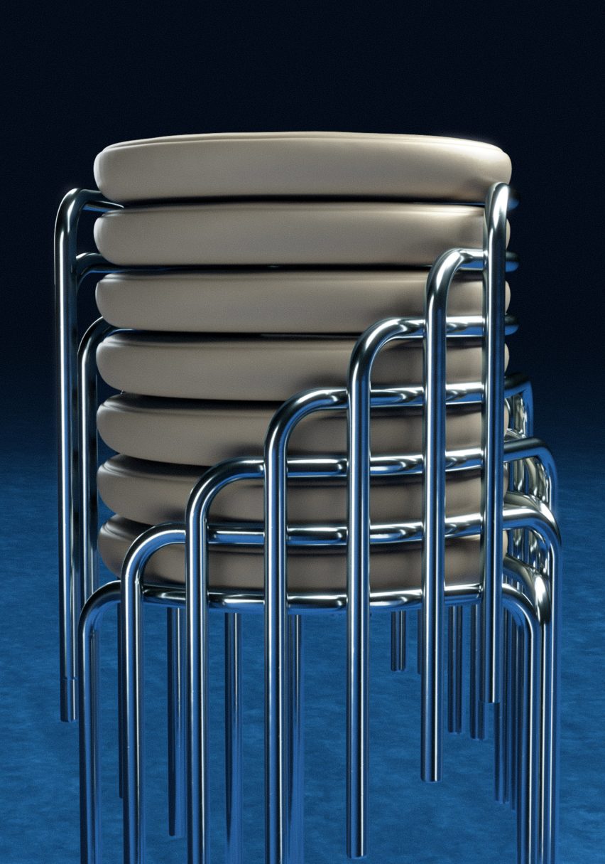 A photograph of O, a stool designed for flexible working with metal legs and a cream cushion