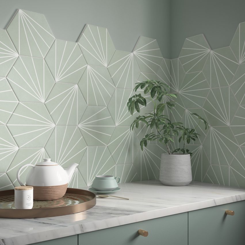 A photograph of mint green geometric tiles by tile brand Verona