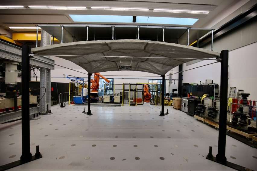 ACORN's vaulted concrete floor prototype inside the NRFIS Laboratory of Cambridge University's Civil Engineering Department