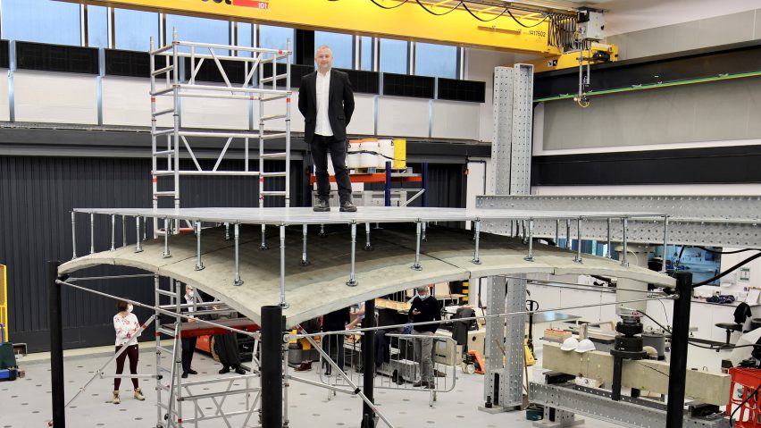 Paul Shepherd stands atop the ACORN vaulted concrete floor prototype at the University of Cambridge