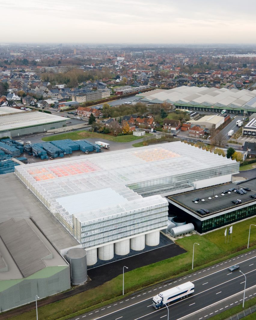 Aerial view of giant Agrotopia greenhouse on the roof of the REO Veiling building in Roeselare