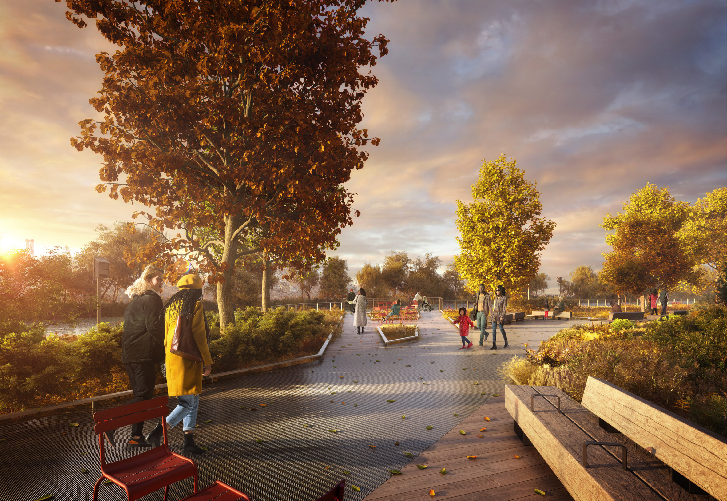 Render of landscaped green spaces and walkways 