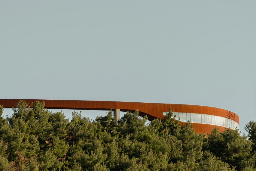View of red Corten-steel antenna tower