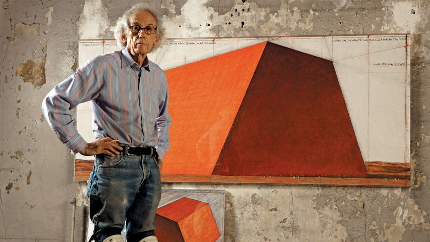 Christo in front of a sketch for The Mastaba