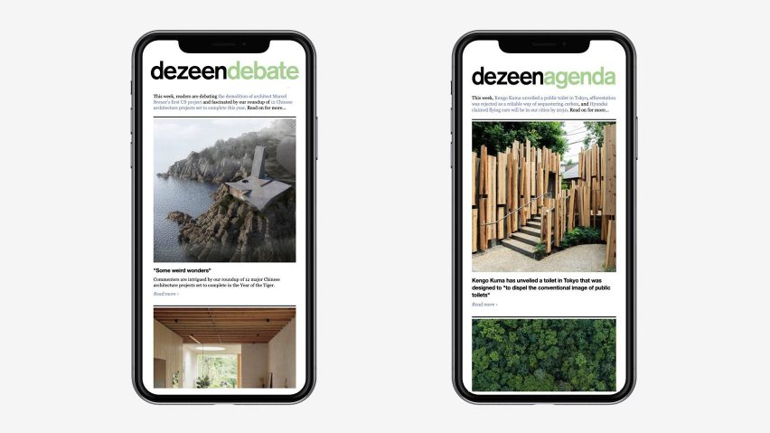 Smartphone screens showing the Dezeen Agenda and Dezeen Debate newsletters