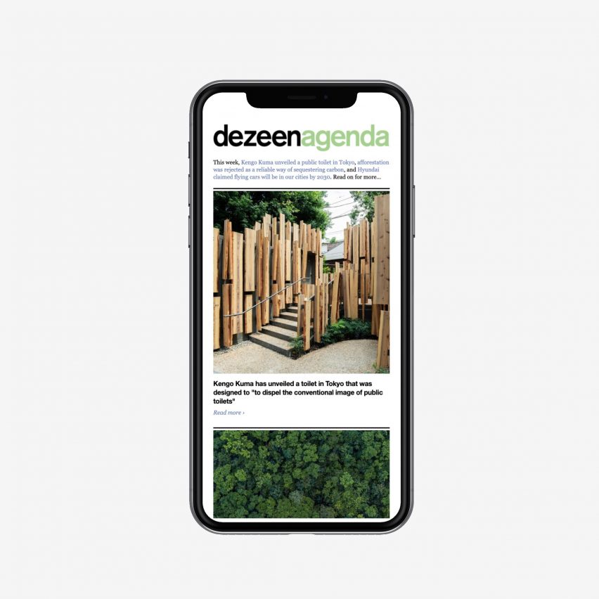 A smartphone screen showing the Dezeen Agenda newsletter