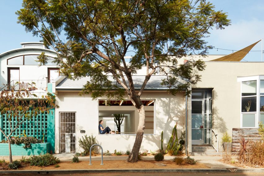 Exterior of Emeco House in Venice Beach, California, with pale peach plaster walls