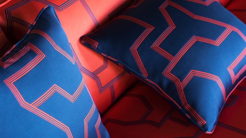 Andirivieni Geomtric pattern fabric in red and blue used on cushions and sofa upholstery