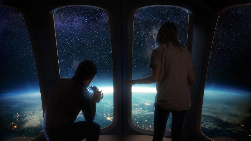 People looking out of window on Spaceship Neptune