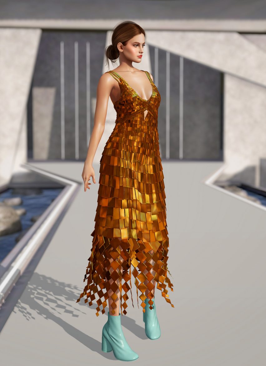 Virtual avatar wearing glittering bronze dress by Jonathan Simkhai in virtual Second Life fashion show