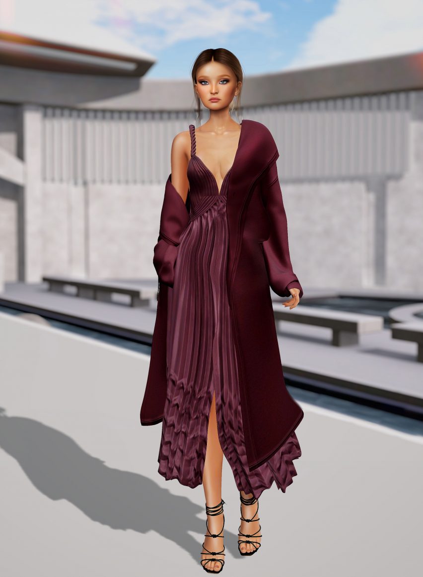 Virtual avatar wearing flowing burgundy dress and matching coat by Jonathan Simkhai in virtual Second Life fashion show