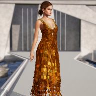 Virtual avatar wearing glittering bronze dress by Jonathan Simkhai in virtual Second Life fashion show