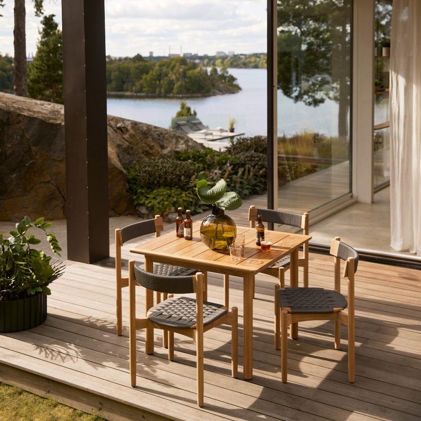 Tables and chairs from Koster outdoor collection by Studio Norrlandet for Skargaarden on a patio