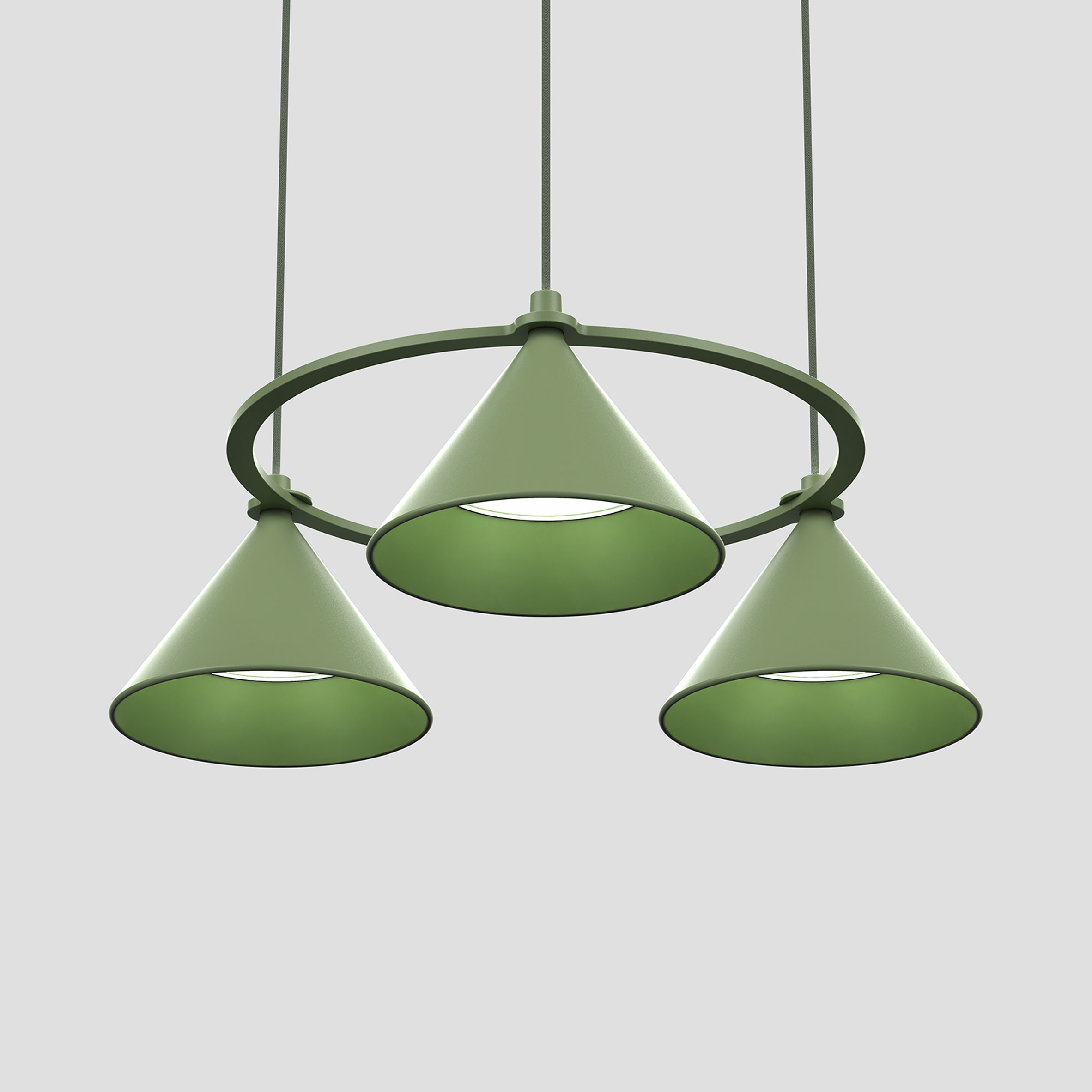 Green Lumo pendant Lumo by Thomas Bernstrand for Zero Lighting with four conical shades in a circular mount as seen from below