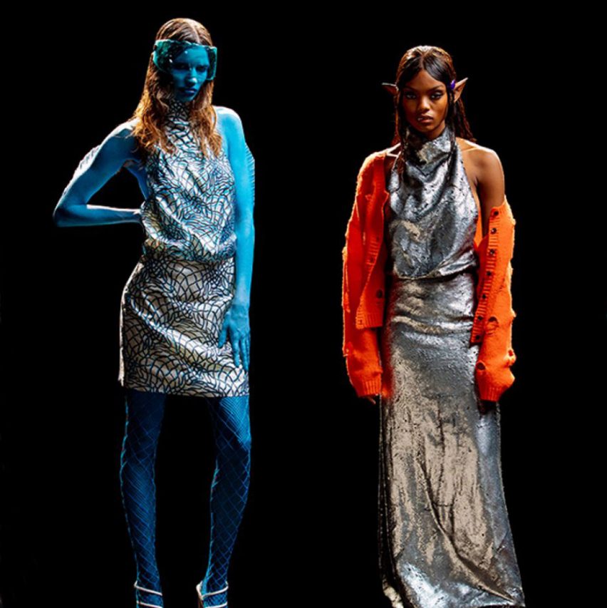 Holograms of two models at Maisie Wilen's AW22 fashion show at New York Fashion Week