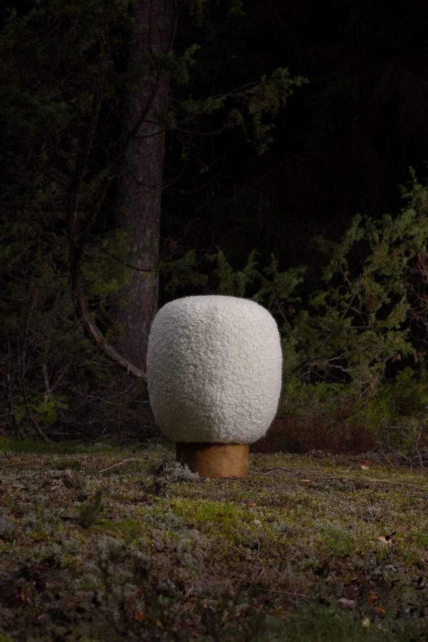 Stool with amadou leather base and woollen seat from Fomes seating collection in a forest