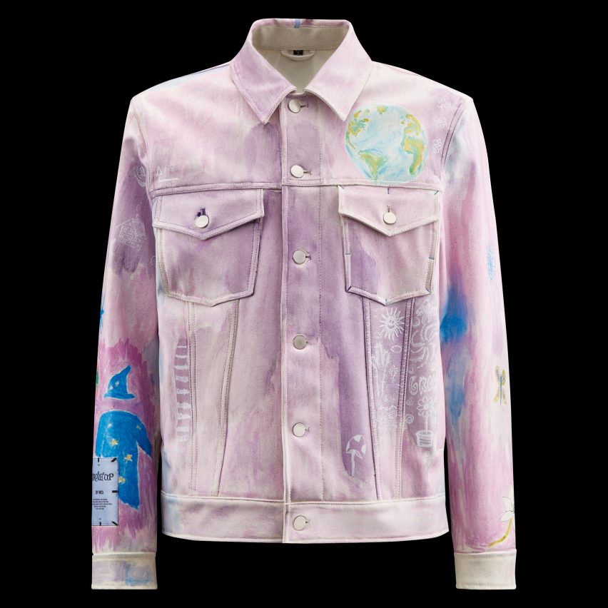 Rice-leather jacket by MCQ with illustrations of the earth and a wizard by Kevin Emerson