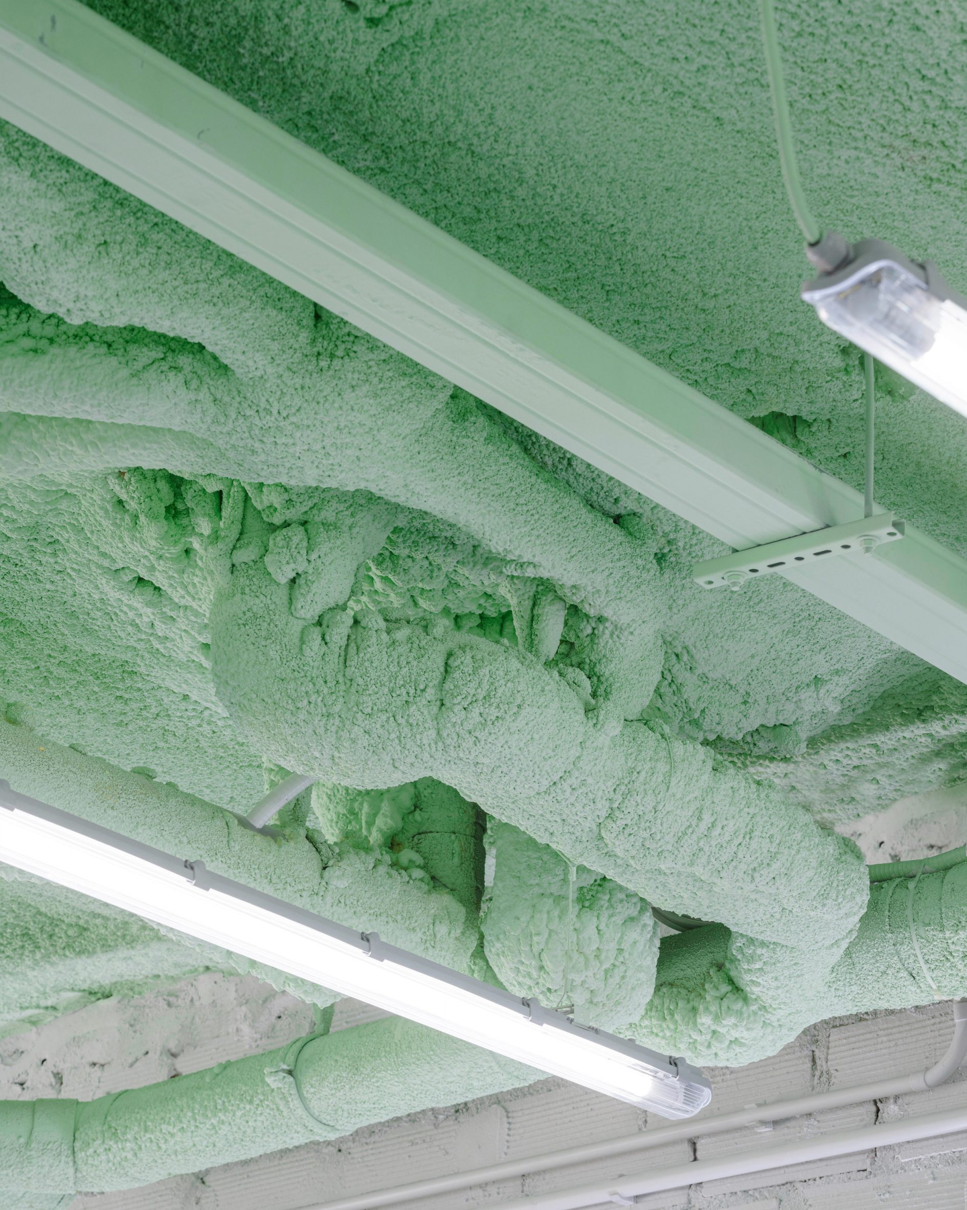 Green ceiling covered in insulation foam in interior by Casa Antillon