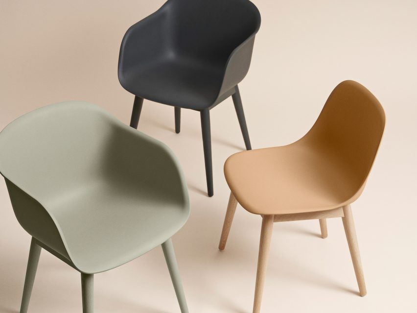 Recycled plastic version of its Fiber Chair in green, black and a peach colour