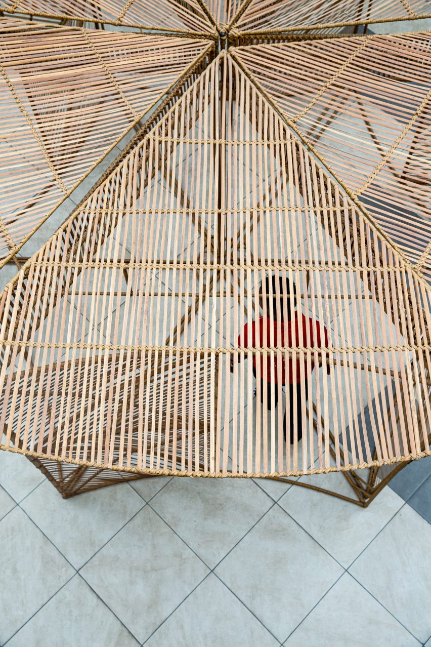 An aerial view of the slatted bamboo Waf Kiosk roof