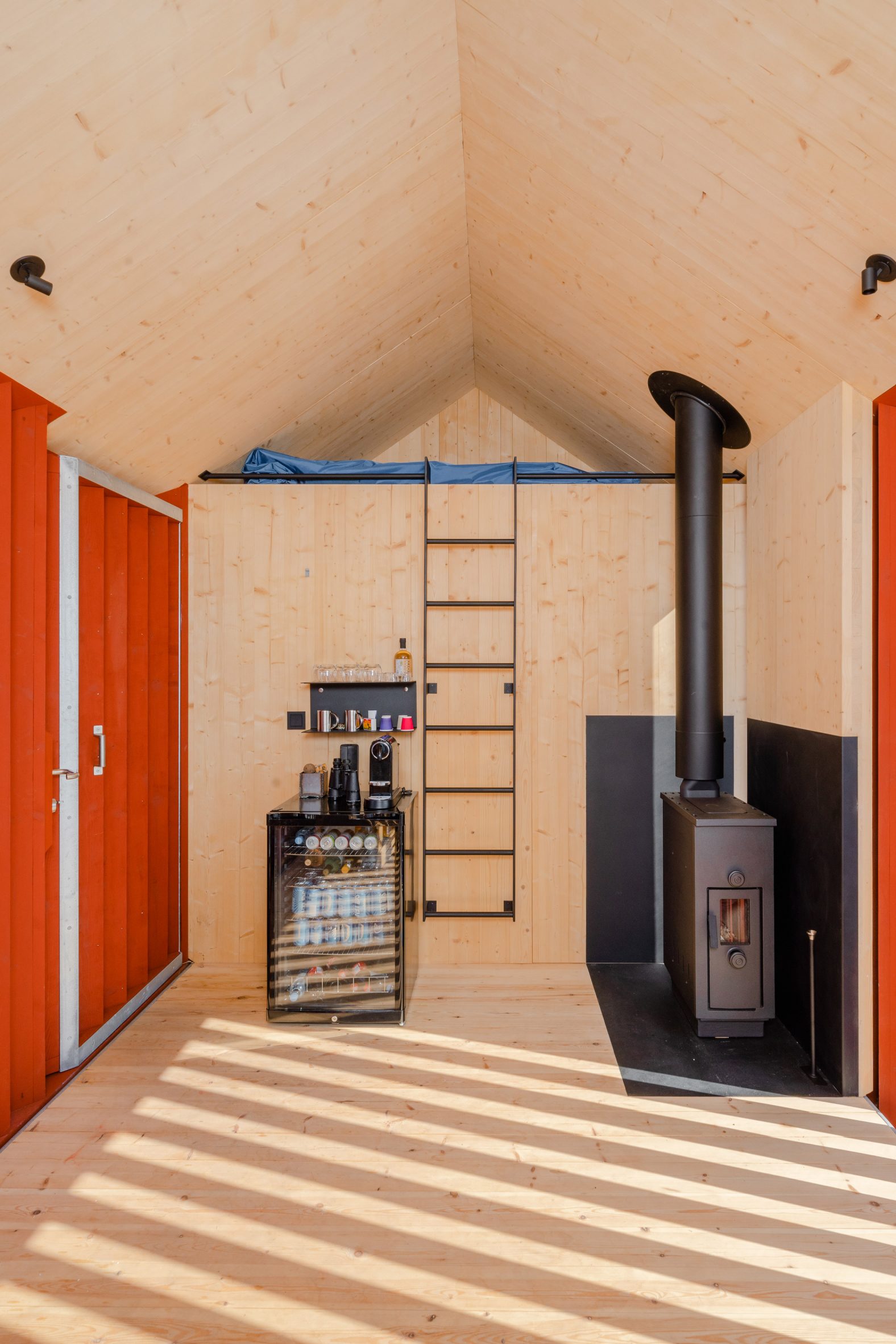 Plywood-lined cabin interior