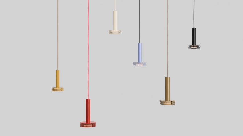 Six Sprinkle pendants by Note Design Studio for Zero Lighting in different colours on a grey backdrop