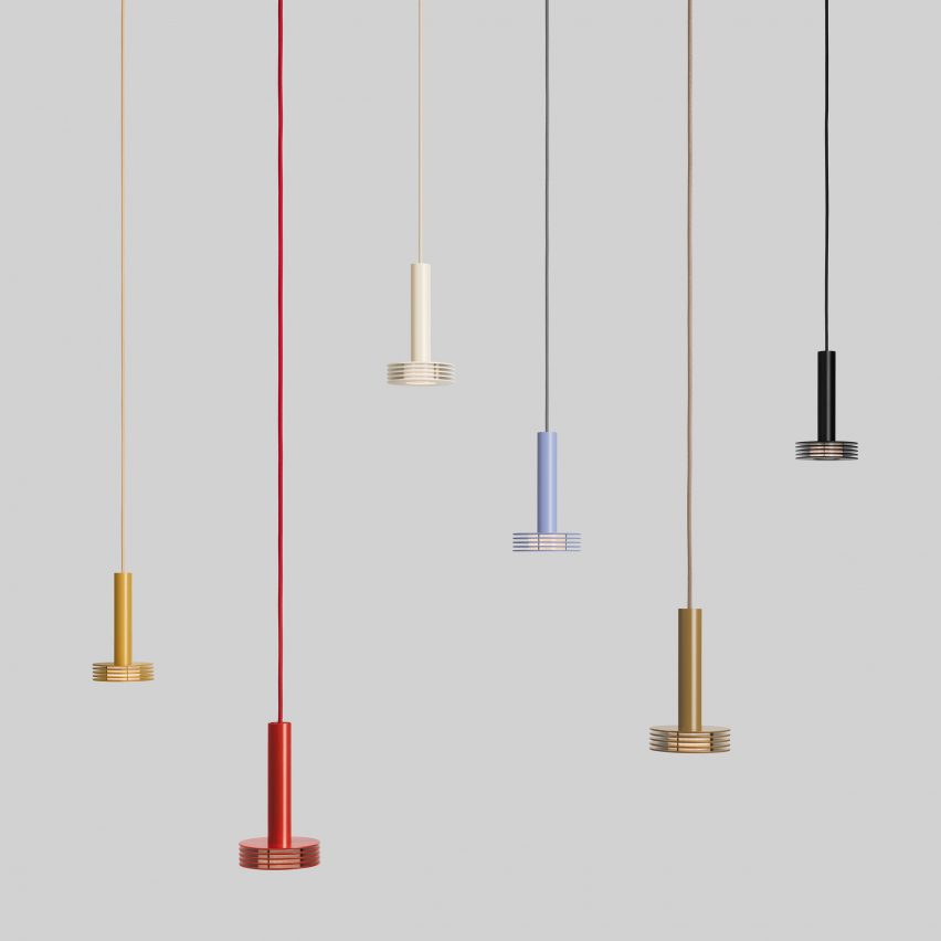 Six Sprinkle pendants by Note Design Studio for Zero Lighting in different colours on a grey backdrop